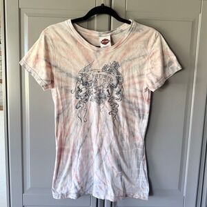 Harley Davidson Womens Y2K Charmed Tie Dye Babydoll Crew T-Shirt,Peach Gray,L